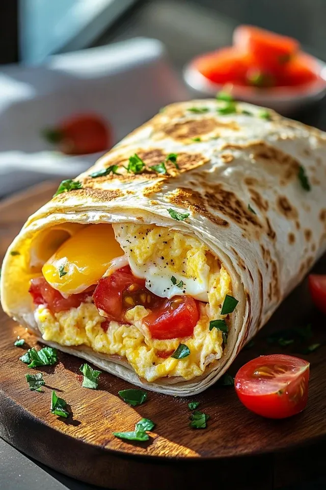 Perfekter Frühstückswrap mit Ei, Käse & Tomaten
