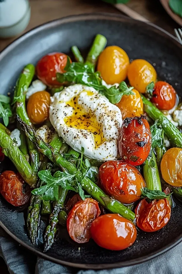 Gerösteter grüner Spargel mit Burrata und Tomaten