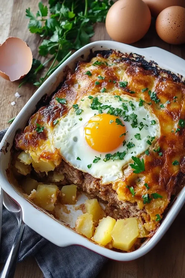 Herzhafter Beef-Leberkäse-Kartoffelauflauf mit Ei