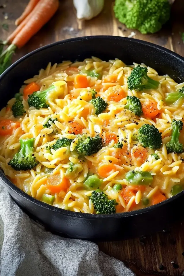 Cremige One Pot Orzo mit Brokkoli, Möhren & Cheddar