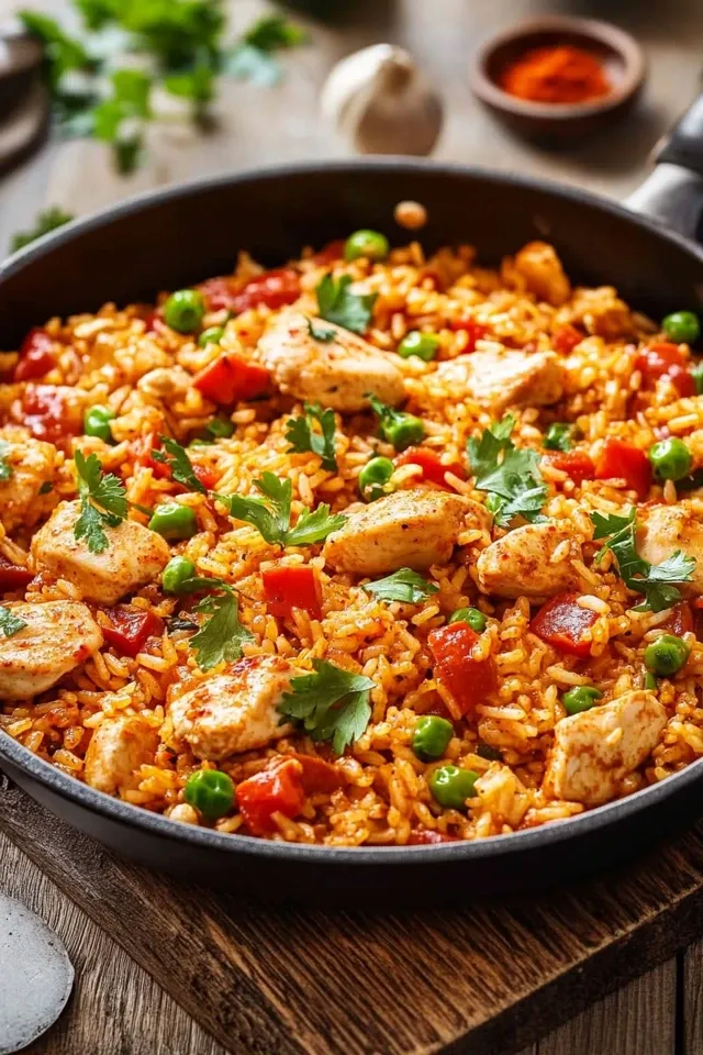 Herzhafte Paprika-Reis-Pfanne mit zartem Hähnchen