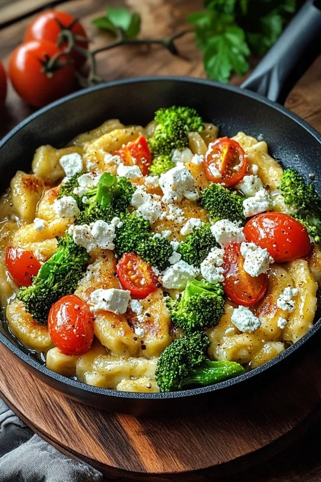 Schnelle Schupfnudelpfanne mit Brokkoli, Feta & Tomaten