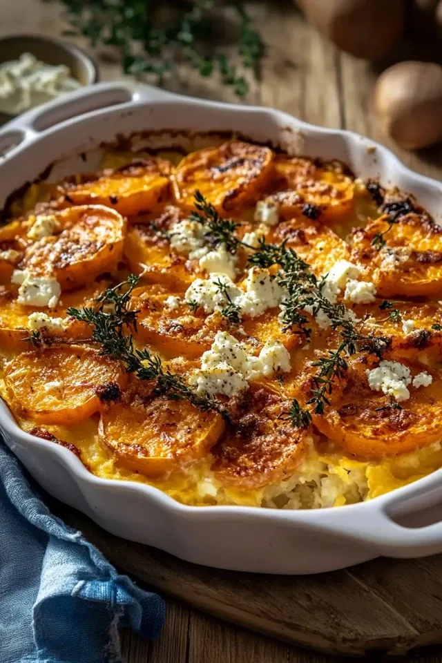 Cremiges Süßkartoffelgratin mit würzigem Feta