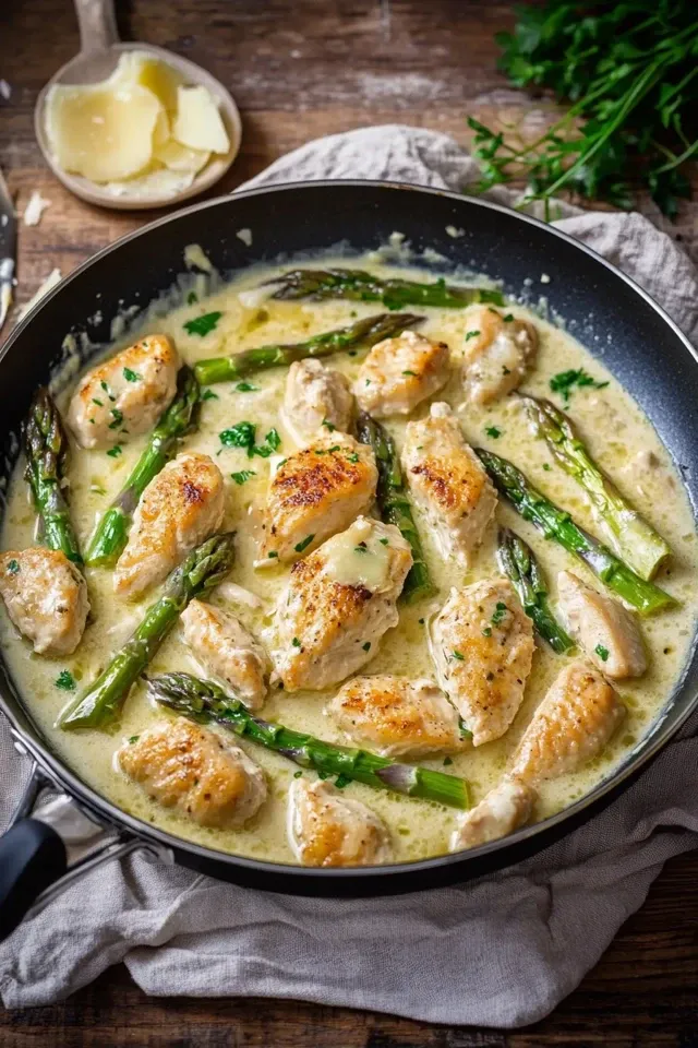 Cremige Spargelpfanne mit Hähnchen