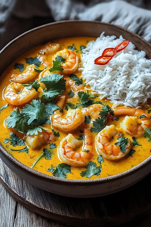 Aromatisches Garnelen Curry mit Kokosmilch und Reis