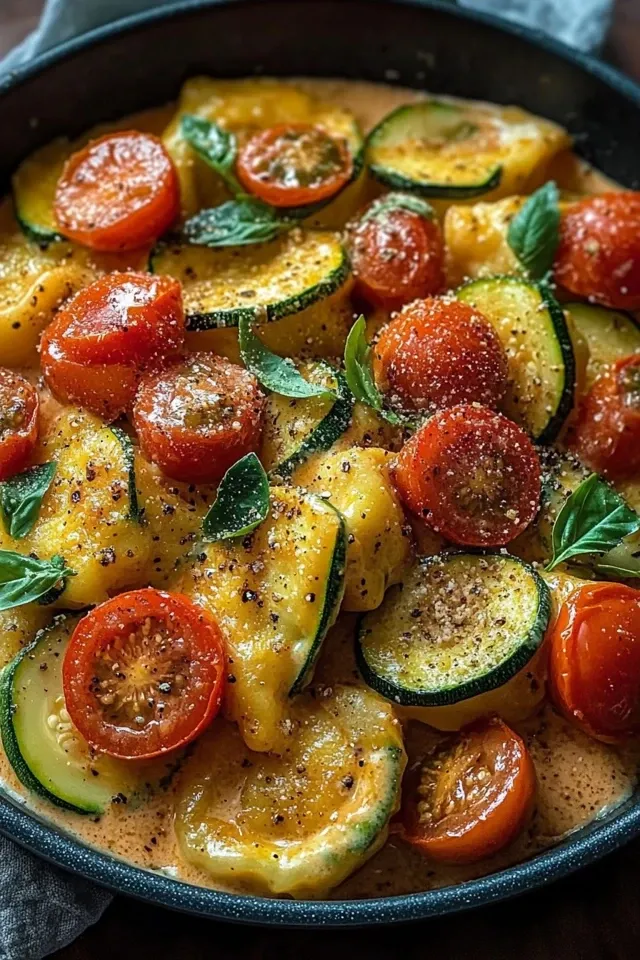 Cremige Maultaschenpfanne mit Zucchini und Tomaten