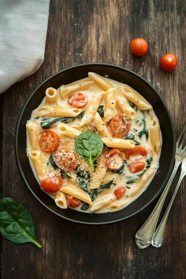 Cremige Nudeln mit Tomaten & Spinat – In 20 Minuten fertig