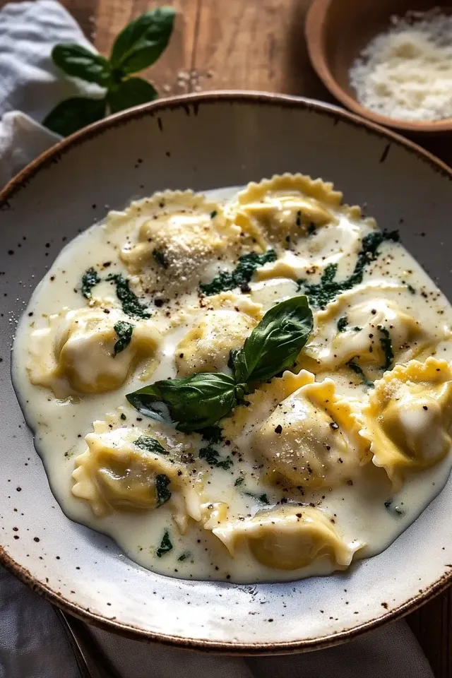 Cremige Toskanische Ravioli Alfredo mit Parmesan