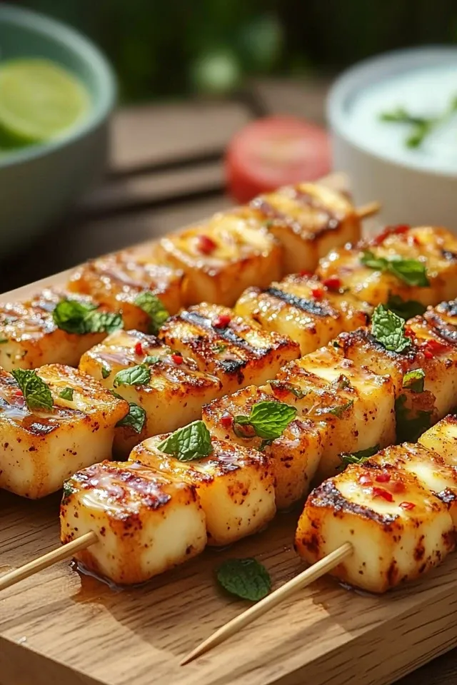 Gegrillte Halloumi-Spieße mit Honig-Chili-Glasur