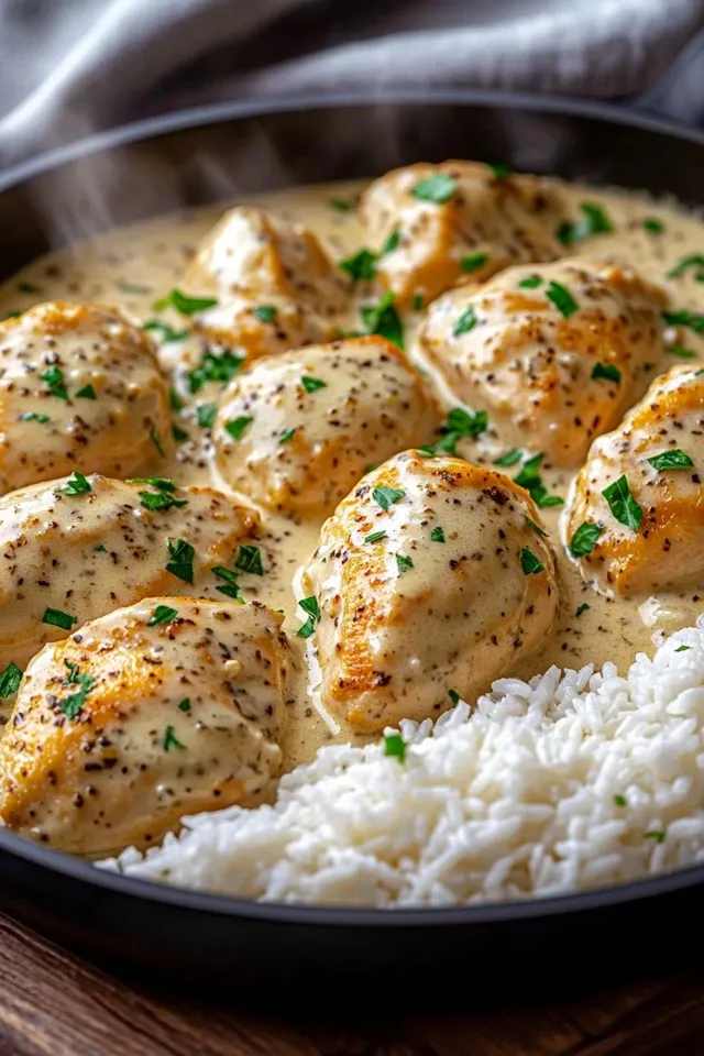 Hähnchenbrust in cremiger Sauce mit Reis