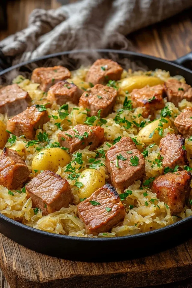 Deftige Beef-Rippchenpfanne mit Sauerkraut