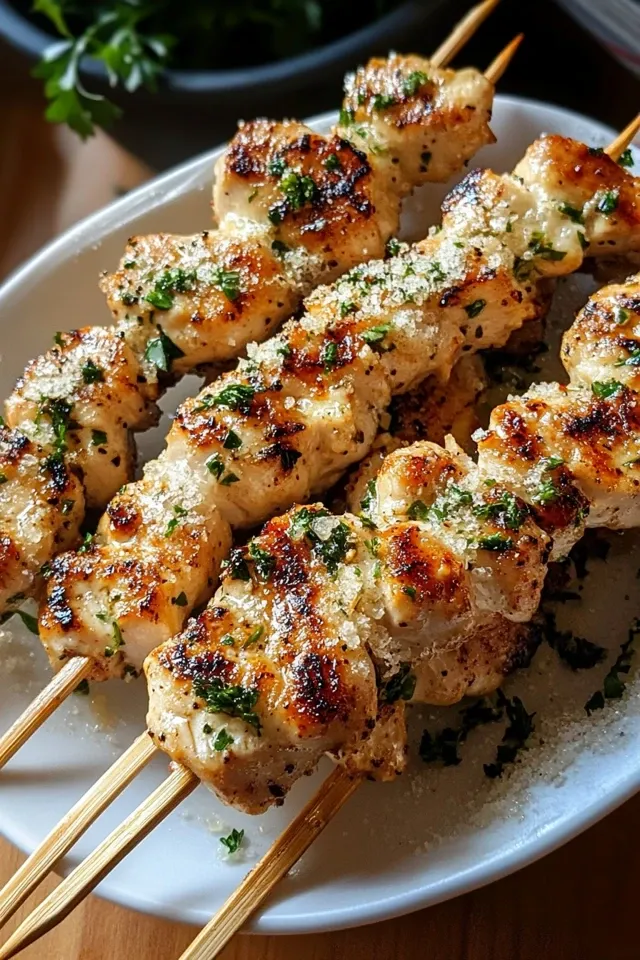 Saftige Knoblauch Parmesan Hähnchenspieße vom Grill