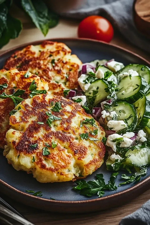 Knusprige Mediterrane Kartoffel-Feta-Puffer mit Gurkensalat