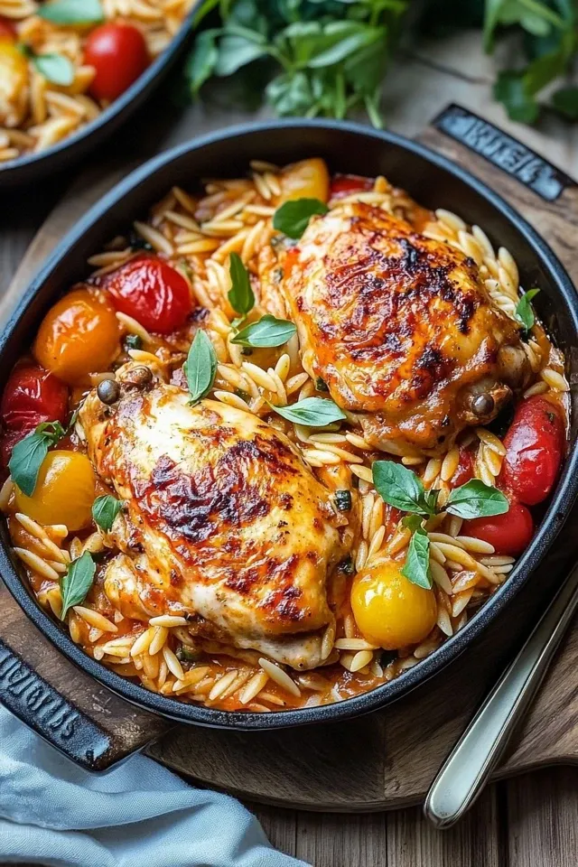 Cremiges Paprika-Hähnchen mit Orzo aus dem Ofen