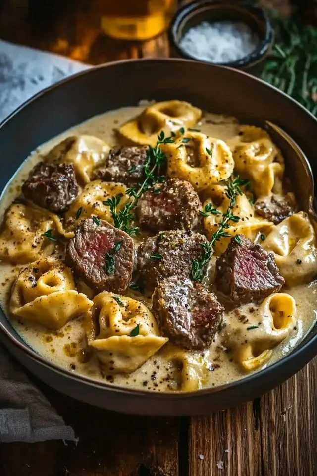 Cremige Steak-Tortellini mit Knoblauch in 30 Minuten