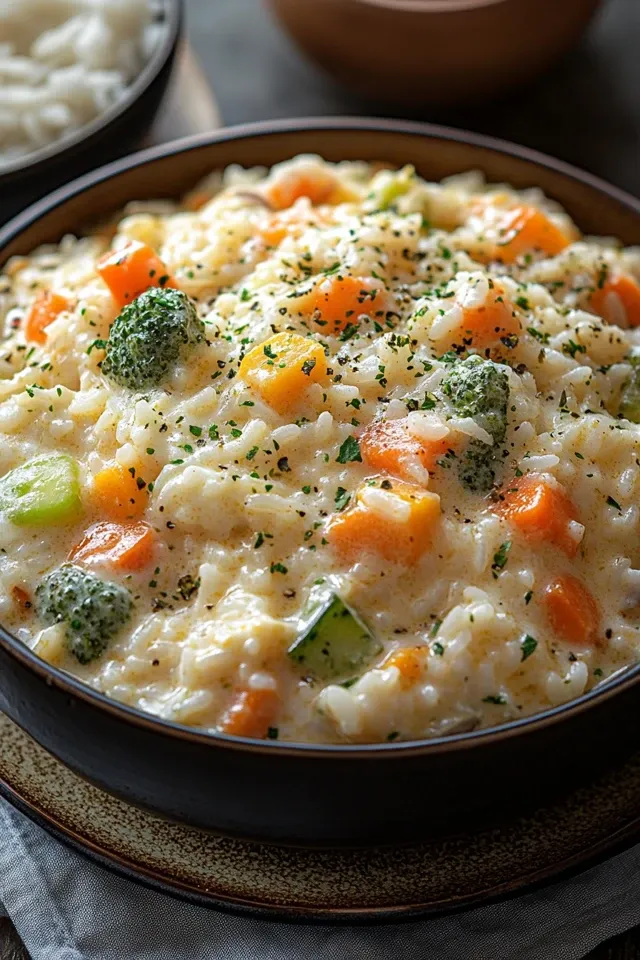 Cremiger Reis mit Gemüse-Frischkäse-Sauce