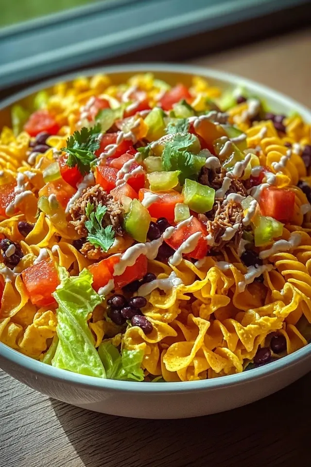 Bunter Taco Nudelsalat mit Crunch für jeden Anlass
