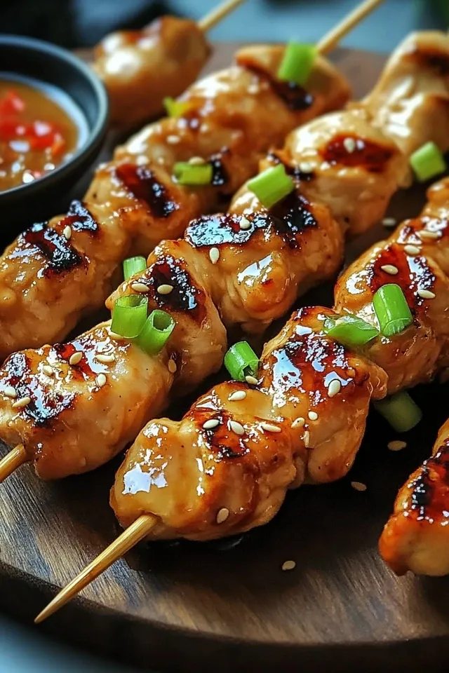 Einfache gegrillte asiatische Hähnchenspieße mit Honig-Knoblauchsauce