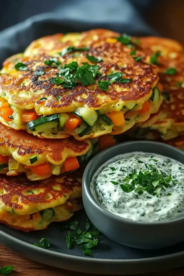 Leckere Gemüsepfannkuchen mit Kräuterdip für jeden Anlass