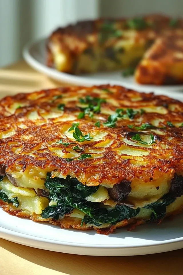 Knuspriger Reibekuchen-Auflauf mit Spinat & Pilzen