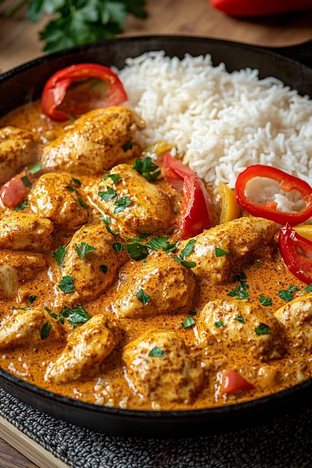 Cremige Paprika-Hähnchen-Pfanne mit Reis